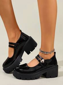 Foot Flair 女款（尺码偏小）玛丽珍厚底粗跟踝带Y2K哥特洛丽塔牛津经典舒适校服正装鞋 - 黑色 - 查看 5