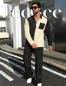 Mens 2 Piece Color Block Outfits Casual Long Sleeve Color Block Shirts And Pants Matching Set Sweatsuit-2025 - 棕色 - 查看 5