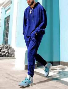 Mens 2 Piece Velour Hoodie Tracksuit Long Sleeve Velvet Hooded Pullover Casual Athletic Jogging Sweatsuit Set-2025 - Xanh đậm - Xem 5