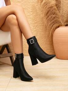 Women's New Black Ankle Boots, Autumn/Winter Fashion Pointed Toe Chunky Heel Rhinestone Square Buckle Commuter Fashion Boots - Black - View 2