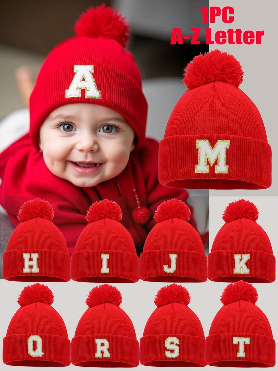 Gorro de tricô para recém-nascido com estampa de 26 letras, ideal para outono/inverno, para crianças e bebês de 0 a 5 anos. Pode ser usado como acessório, gorro infantil ou como presente de aniversário. - Vermelho - Ver 1