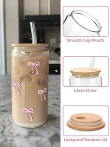 1 Set Of Pink Bow Glass Cups (With Bamboo Lids And Straws), Outdoor Travel Portable Large-Capacity Water Cups, Exquisite And Cute Milk Tea Cups, High-Quality Juice/Coffee Cups, Suitable For Summer/Autumn/Winter,Christmas/Christmas Decorations/Halloween Decorations/Christmas Gifts/Christmas Decorations Home/Kitchen Accessories