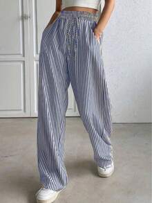 Wide Leg Striped Elastic Palazzo Pants With Pockets - Azul lavado oscuro - Ver 2