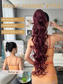 Accessorio per capelli a forma di artiglio per coda di cavallo, colore rosso vino, parrucca sintetica a onde profonde resistente al calore da 28 pollici, adatta per feste di Natale, Ognissanti e uso quotidiano delle donne