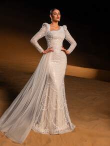 Faeriesty Elegant Square Neck Beaded Sequin Mermaid Gown For Women – Structured Long Sleeves, Asymmetrical Side Train, And Fitted Trumpet Silhouette For Gala Awards, Luxury Weddings, Red Carpet Events, And Black-Tie Galas - Apricot - View 4