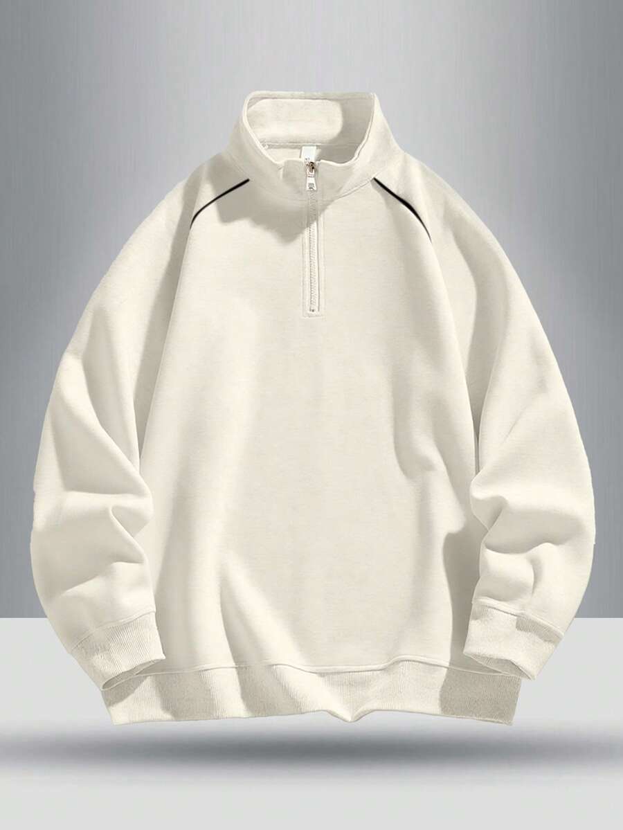 男士休闲四分之一拉链套头卫衣，时尚百搭，秋季长袖上衣 - 杏色 - 查看 1