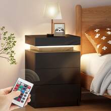 OYAJIA Hochglanz Nachttisch mit LED Beleuchtung Moderner Nachtschrank Nachtkommode mit 3 Schubladen & Flip Cover für Wohnzimmer Schlafzimmer Schwarz Beistelltisch 45x35x67cm - Schwarz - Übersicht 4