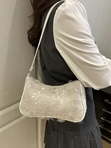 Túi xách nữ đa năng đính sequin hình lưỡi liềm kim loại màu trơn thời trang, túi tote, túi đi biển, túi đựng điện thoại thường ngày thời trang đính sequin - Màu be - Xem 6