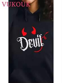 VUKOUK Same Gender Couple Outfit Men's Hooded Sweatshirt, Fashionable Printed Street Men's Hooded Sweatshirt, Personalized Hip-Hop Style, Autumn And Winter Warm Pullover, Multifunctional Drawstring Design, Printed I PUT THE  IN DEUIL /DEUIL - 女士-黑色 - 查看 3