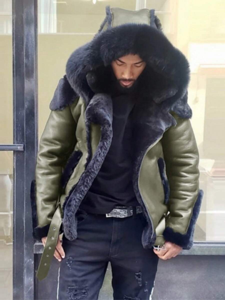 Men's Casual Solid Color Leather Zippered Long-Sleeved Jacket, Autumn, Perfect For Going Out, A Gift For A Boyfriend, College Parties, Sports, Or Street Wear. - 綠色 - 查看 1