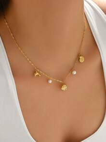 1pc Romantic Dolphin & Shell Pendant With Lustrous Pearl Necklace, Stainless Steel Delicate Choker Necklace For Women