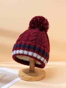1 pièce Bonnet tricoté à pompons rayés bicolores, chapeau tricoté chaud, doublé thermique, polyvalent et pour l'hiver, pour un usage quotidien, les déplacements et les courses - bande - Voir 16