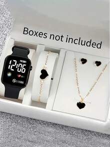 Bộ 5 chiếc/bộ thời trang thường ngày hình vuông màu đen bằng silicon họa tiết trái đất, đồng hồ kỹ thuật số LED, vòng tay hình trái tim, vòng cổ và hoa tai, quà tặng sinh nhật tuyệt vời cho trẻ em, thích hợp để đeo hàng ngày - màu đen - Xem 9