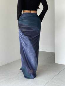 Saia Plissada Elegante Casual com Cintura Elástica e Estampa Degradê, Adequada para Noite, Férias, Jardim, Viagens Diárias, Todas as Estações