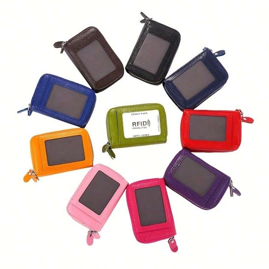 RFID Blocking Fashion Women ID Credit Card Holder Genuine Leather Double Zipper Lady Credit Card Case Wallet Large Capacity - Hồng - Xem 1