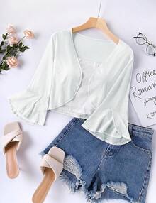 LOMON 3/4 Sleeve Cropped Cardigan Women Lightweight Open Front Bolero Shrug Dresses - 白色 - 查看 4