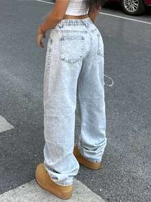 Jeans casuales y versátiles de cintura baja y pierna recta para adolescentes - Azul - Ver 6