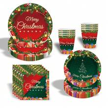 16pcs Christmas Paper Tray Disposable Tableware Set, Including Paper Tray, Dessert Tray, Napkin, Paper Cup, Christmas Tree Bell Tableware Tray Merry Christmas Printed Dessert Tray Suitable For Christmas Table Items - Multicolor - View 4