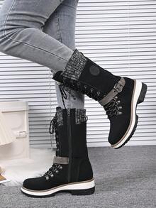 Women's Autumn/Winter New Bohemian Style Mid-Calf Boots, Slimming Round Toe Black Flat Boots, Retro Western Embroidered Riding Boots