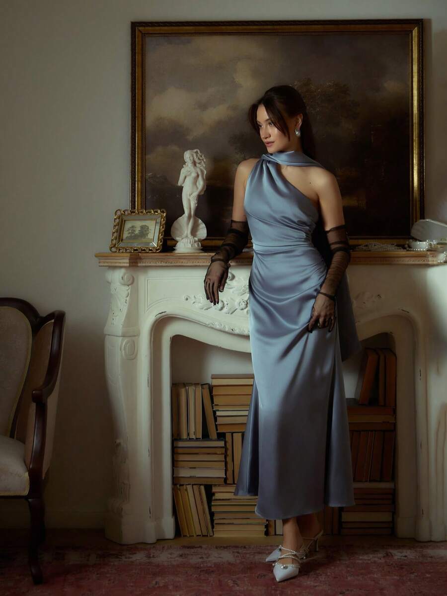 Đầm cocktail dự tiệc cưới cổ điển thanh lịch, thiết kế xếp ly eo, chất liệu co giãn, đầm dự tiệc cưới, đầm dự đám cưới mùa xuân. - Màu xanh bụi bặm - Xem 1