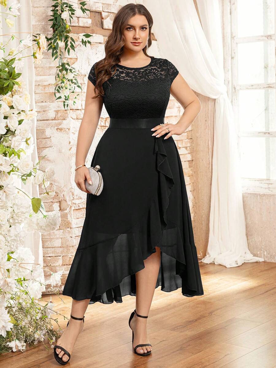 MIUSOL Women Plus Size Elegant Lace Bodice Ruffle Asymmetrical Hem Dress, Flowy Chiffon Midi Gown For Wedding Guest, Birthday Party, Homecoming, Church - màu đen - Xem 1