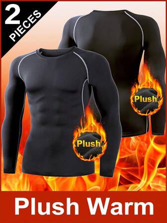 2pcs Men's Thermal Underwear Set, Long Sleeve Crew Neck Base Layer Tops, Warm Compression Tights For Running, Fitness, Skiing In Cold Weather, Autumn/Winter