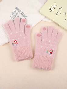 A Pair Of Korean-Style Cute Snowman Embroidered Plush Gloves, Touchscreen-Compatible Gloves, Christmas Atmosphere Gloves, Christmas-Style Gloves, With Cute Snowman Patterns, Women's Winter Fleece-Lined Warm Gloves.