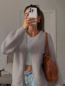 Women Long Sleeve V Neck Cardigan Regular Length With Pockets And Buttons Medium Stretch Knit - Khaki - View 6