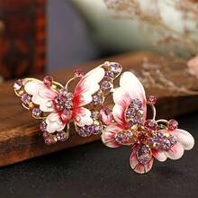 1 Piece Exquisite Rhinestone Inlaid Butterfly Hair Clip Shiny Hair Clip Jewelry Side Hair Braid Braided Sweet Hair Clip Accessories Women's Hair Accessories New Year Or Valentine's Day Beautiful Accessories Gift - 玫紅色 - 查看 8