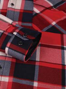1 pieza Camisa casual de negocios con capucha, botones y manga larga forrada a cuadros, cálida para hombres en otoño/invierno - Rojo - Ver 5