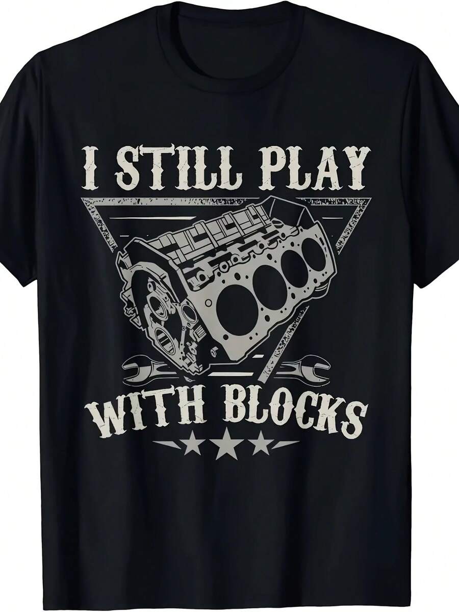 Men's Printed Short Sleeves, Popular FashionMen's "I Still Play With Blocks" Graphic Tee - Humorous Engine Design, Short Sleeve, Casual Cotton Shirt - Perfect Gift For Car Mechanics & Enthusiasts - 黑色 - 查看 1