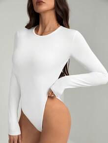 Long Sleeve Round Crew Neck Bodysuit In Smooth, Tight Suplex - White - View 4