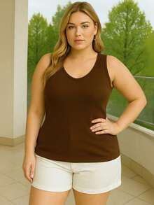 Women's Plus Size V-Neck Casual Ribbed Tank Top - 鏽棕色 - 查看 3