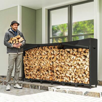  Outsunny Legnaia da Esterno in Acciaio, Portalegna da Esterno con Copertura Impermeabile Oxford 600D, Struttura Regolabile e Catene in Metallo, Porta Legna Rialzato, 0.8m³, 235x31x116 cm, Nero