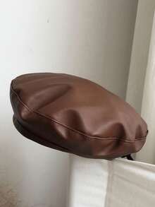 1 Stück Damen Schwarze Flache Baskenmütze, vielseitige PU Maler Baskenmütze, Kürbismütze, Herbst/Winter