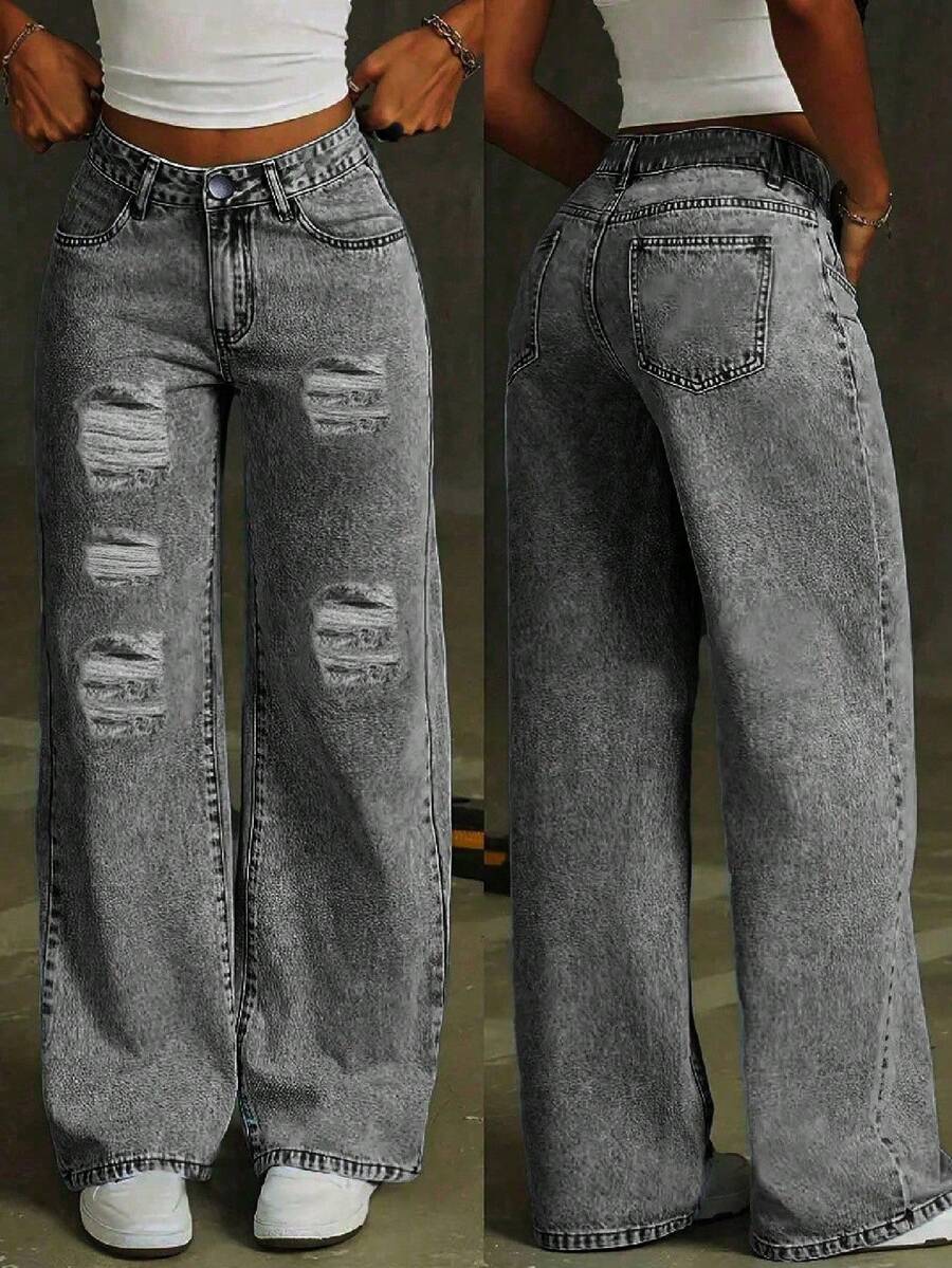Fashionable Distressed Wide Leg Jeans For Teenage Girls - Grey - View 1