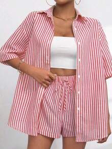 Solapa de verano Casual a rayas de manga corta Pantalones de dos piezas de las mujeres traje de moda opa Dos piezas para Mujer - Rojo - Ver 4