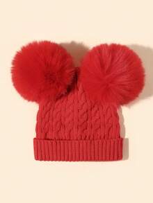1 件婴儿童包芯纱翻边无檐帽，秋冬季保暖户外帽 - 紅色 - 查看 3