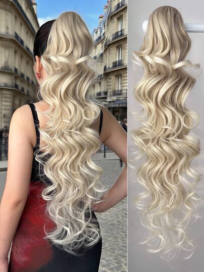 Acessório de Cabelo Extensão de Rabo de Cavalo com Formato de Garra, Peruca de Rabo de Cavalo Sintética de Fibra Resistente ao Calor Onda Profunda Dourada de 28 Polegadas, Adequada para Festas de Natal, Halloween e Uso Diário de Mulheres