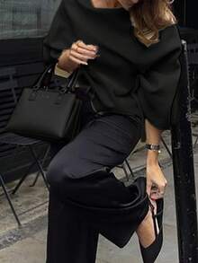 Women Striped Casual Sexy Round Neck Asymmetric Shawl Collar Hollow Out Knit Top Short Sleeve Mesh Knit Sweater Beach Cover Up Lightweight Batwing Sleeve Loose Cover Up, Autumn/Winter, Christmas & New Year - Black - View 5