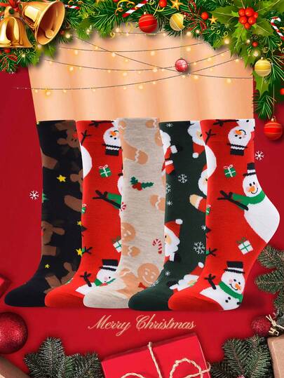 5 pares de calcetines de mujer de otoño e invierno con diseños de muñeco de nieve, hombre de jengibre, calcetines navideños cálidos, calcetines de Papá Noel de dibujos animados, regalos de Navidad
