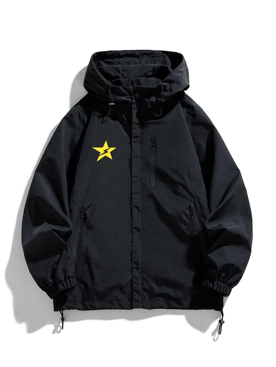 Áo khoác gió nhẹ - Áo khoác nam dài tay có mũ, kiểu dáng thường ngày, áo khoác gió nhẹ có khóa kéo, dây rút và túi, thích hợp cho các hoạt động ngoài trời và mặc vào mùa thu. - Đen và trắng - Xem 1