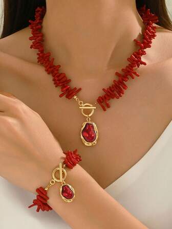 2 件时尚珊瑚巴洛克仿珍珠吊坠项链和手链波西米亚风格首饰套装，适合女性、派对和节日的礼物