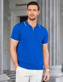 Men's Zipper Polo Shirt Casual Knit Short Sleeve Polo T Shirt Classic Fit Shirts - 寶藍色 - 查看 2
