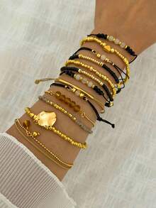 5pcs/Set Fashionable & Versatile Rice Pearl Bead Round Pendant Stacked Bracelets, Suitable For Women Summer Beach Vacation Daily Accessories