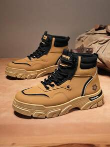 Men's Casual Work Boots - Durable Non-Slip Thick Sole Suitable For Hiking And Outdoor Activities, Lace-Up Faux Leather Shoes, Wear-Resistant Plus Size Boots