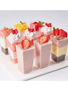 10/20/30个装 3盎司迷你甜点杯（不含勺子），方形甜点杯 - 塑料高直筒慕斯杯、纸杯蛋糕杯、餐饮杯和沙拉杯，小型可重复使用碗，用于盛放派对甜点和开胃菜