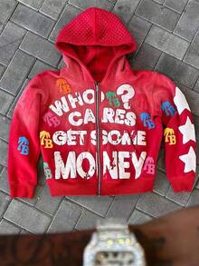 Y2K American Print Oversized Hoodie Jacket – Zip-Up, Retro Vibe, Ultra Comfortable - KTT03-đỏ - Xem 1