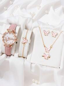 1入組圓形指針石英手錶& 5入組珠寶套裝假日女士手錶鑽石錶殼粉色PU皮質錶帶蝴蝶耳環蝴蝶項鍊蝴蝶戒指蝴蝶項鍊手錶珠寶套裝 - 粉色 - 查看 4
