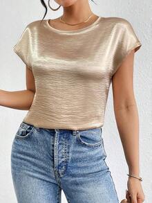 Blusa de unicolor de satén con mangas tipo murciélago, cuello redondo y plisada, blusas de manga corta para mujer - Champán - Ver 4